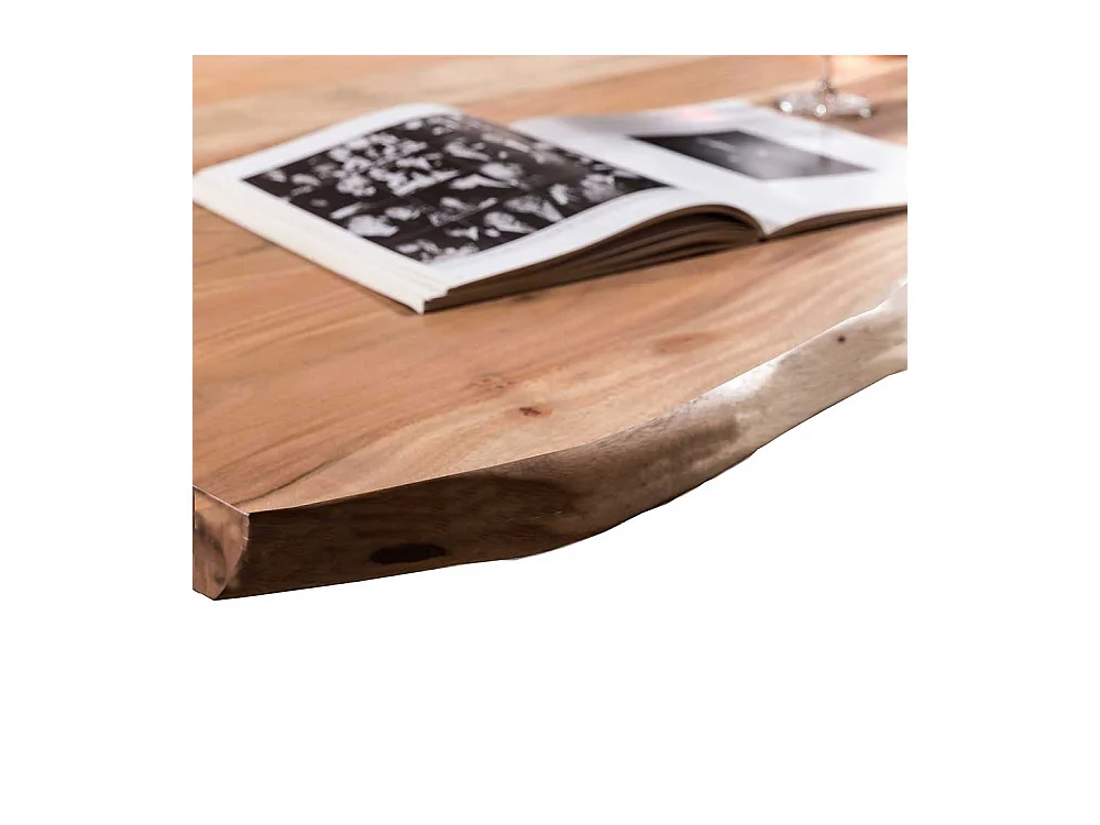 Baumkanten Esszimmertisch aus Akazie Massivholz Bügelgestell in Altsilberfarben