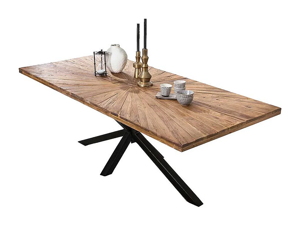 Esszimmertisch aus Teak Recyclingholz Spider Gestell in Schwarz