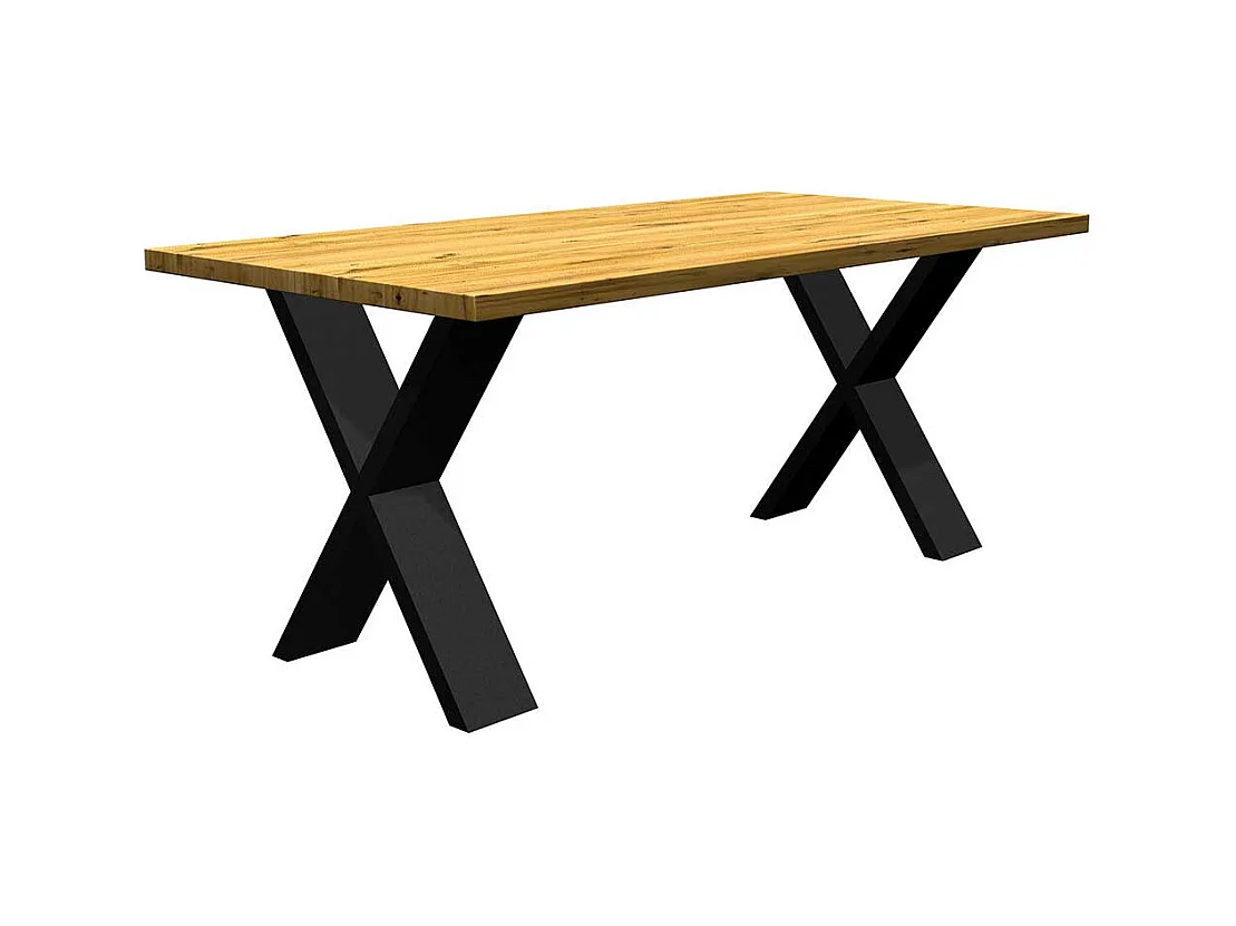 Massiver Tisch aus Eiche und Metall X Gestell in Schwarz