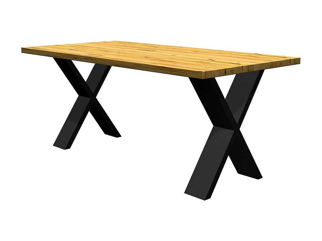 Massiver Tisch aus Eiche und Metall X Gestell in Schwarz
