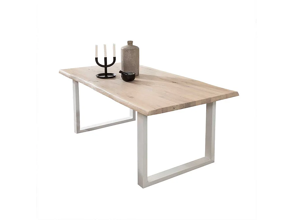 Baumkanten Esszimmertisch aus Eiche White Wash massiv Bügelgestell in Weiß
