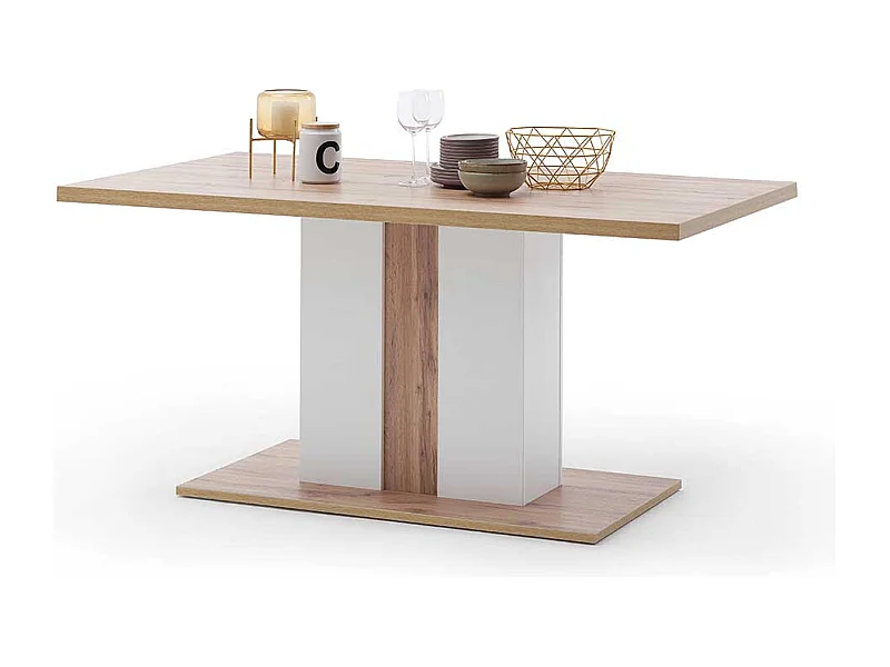 Säulen Esszimmertisch in Weiß und Wildeiche Optik 160 cm breit