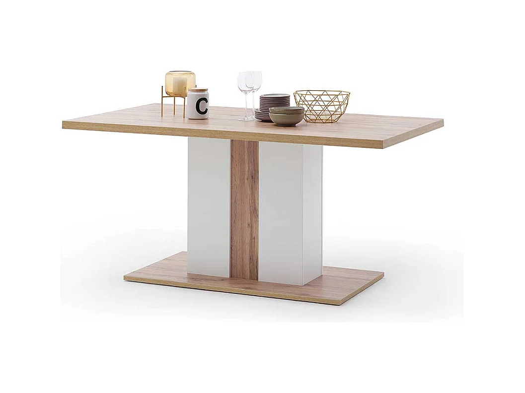 Säulen Esszimmertisch in Weiß und Wildeiche Optik 160 cm breit