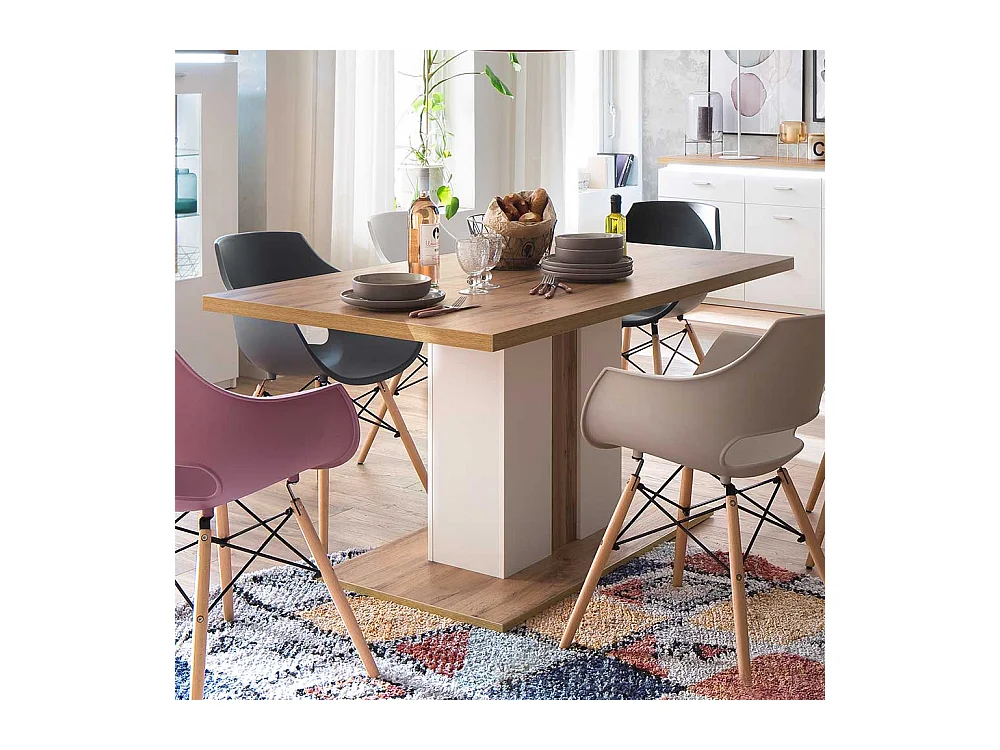 Säulen Esszimmertisch in Weiß und Wildeiche Optik 160 cm breit