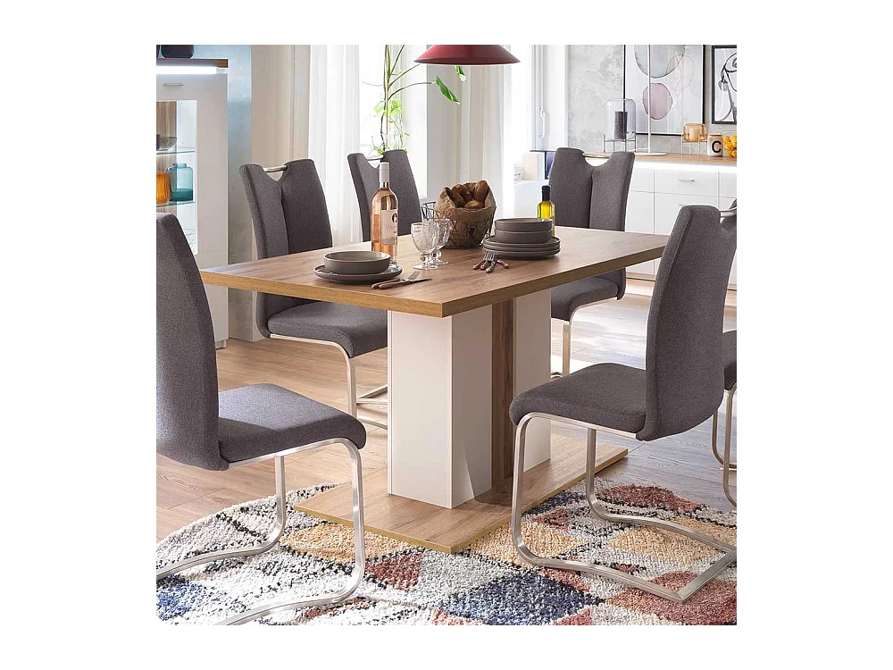 Säulen Esszimmertisch in Weiß und Wildeiche Optik 160 cm breit