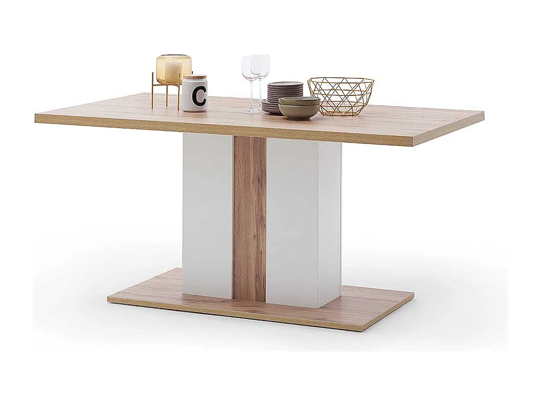 Säulen Esszimmertisch in Weiß und Wildeiche Optik 160 cm breit