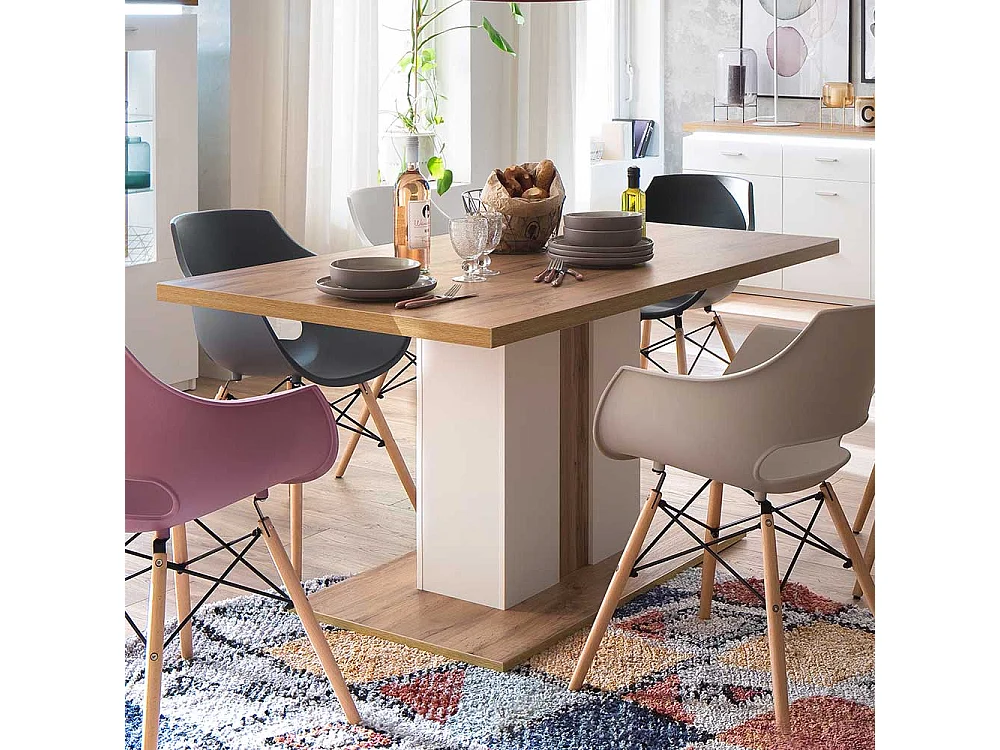 Säulen Esszimmertisch in Weiß und Wildeiche Optik 160 cm breit