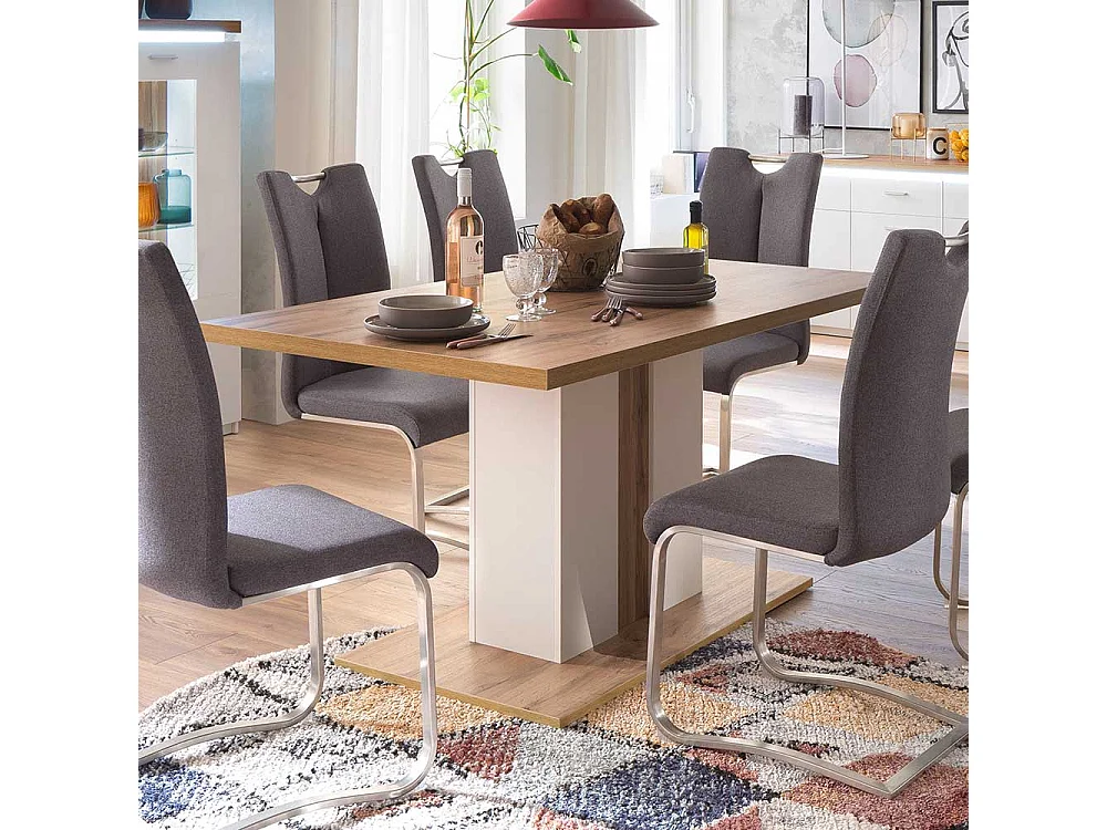 Säulen Esszimmertisch in Weiß und Wildeiche Optik 160 cm breit