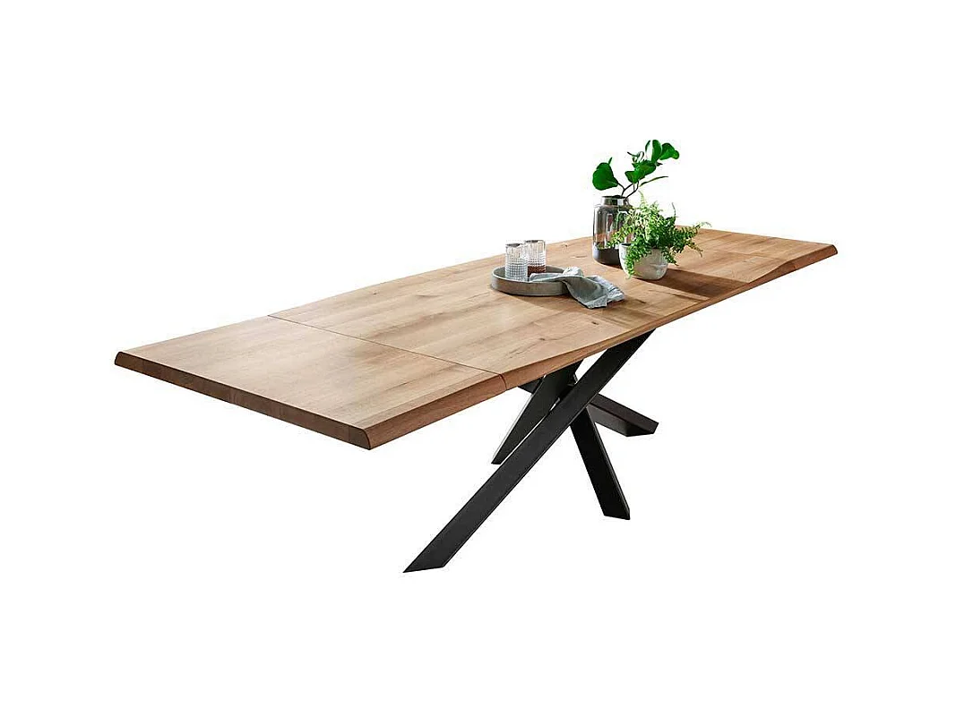 Esstisch aus Wildeiche Massivholz und Stahl Mikado Fußgestell
