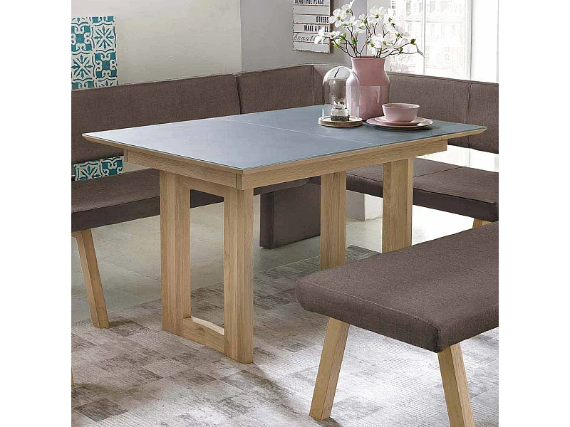 Esszimmertisch aus Eiche Massivholz Grauglas