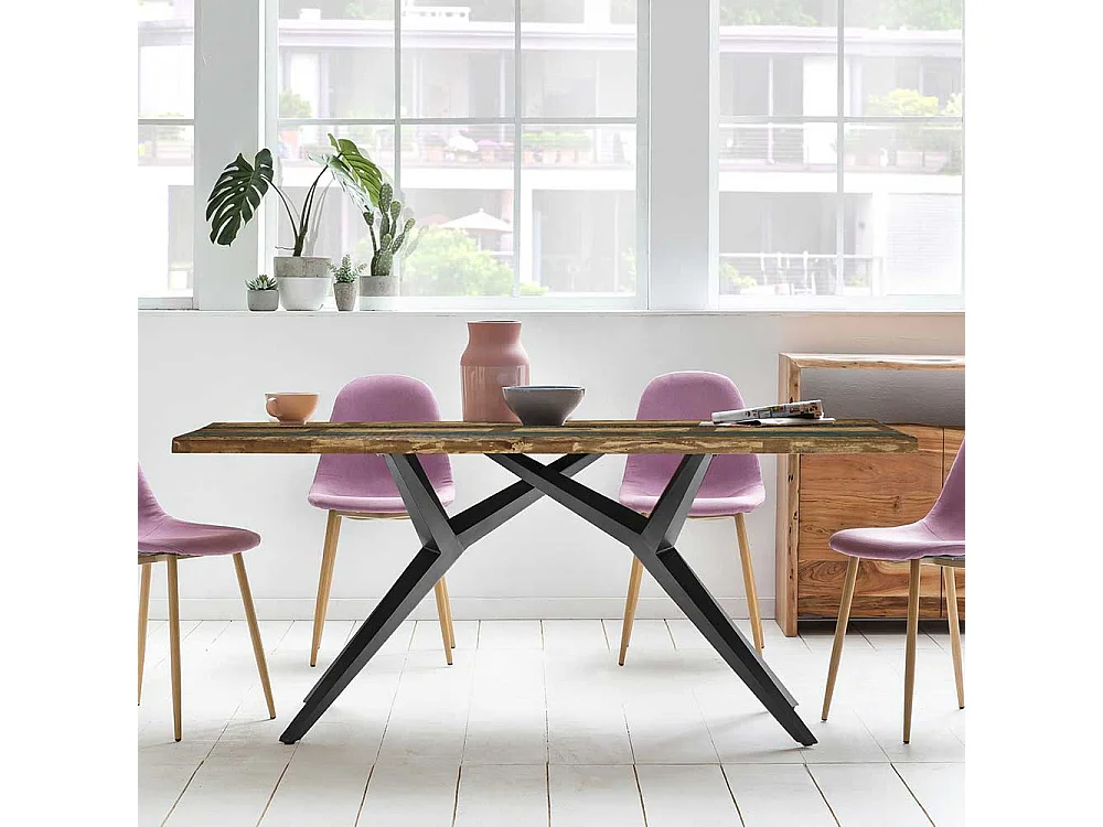 Esszimmertisch aus Recyclingholz Bunt und Antikschwarz