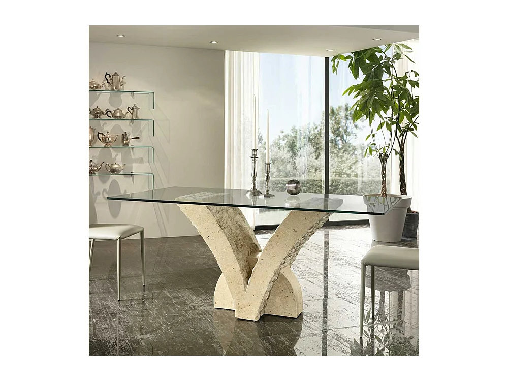 Glas Esstisch mit Steinfuß V-Form Beige