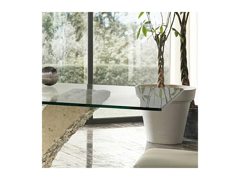 Glas Esstisch mit Steinfuß V-Form Beige