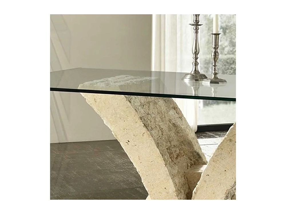 Glas Esstisch mit Steinfuß V-Form Beige