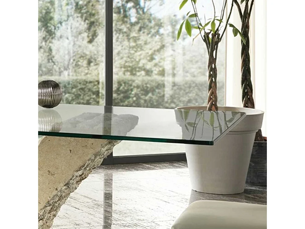 Glas Esstisch mit Steinfuß V-Form Beige