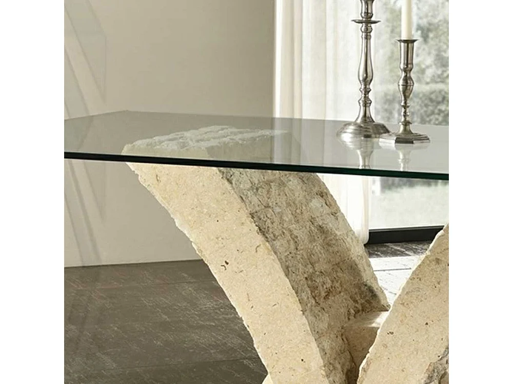 Glas Esstisch mit Steinfuß V-Form Beige