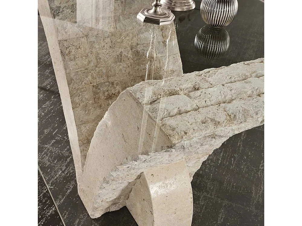 Glas Esstisch mit Steinfuß V-Form Beige