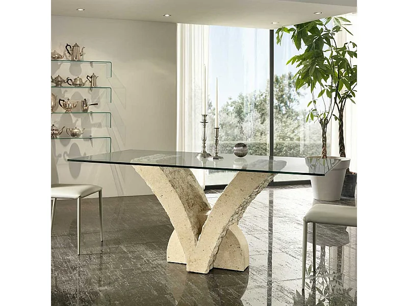 Glas Esstisch mit Steinfuß V-Form Beige