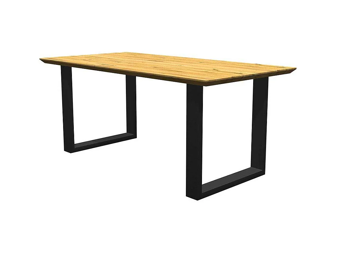 Tisch aus Massivholz und Metall mit Schweizer Kante Bügelgestell