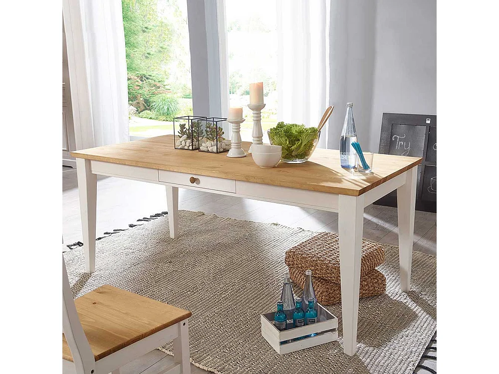 Esszimmertisch in Weiß und Eichefarben Landhausstil