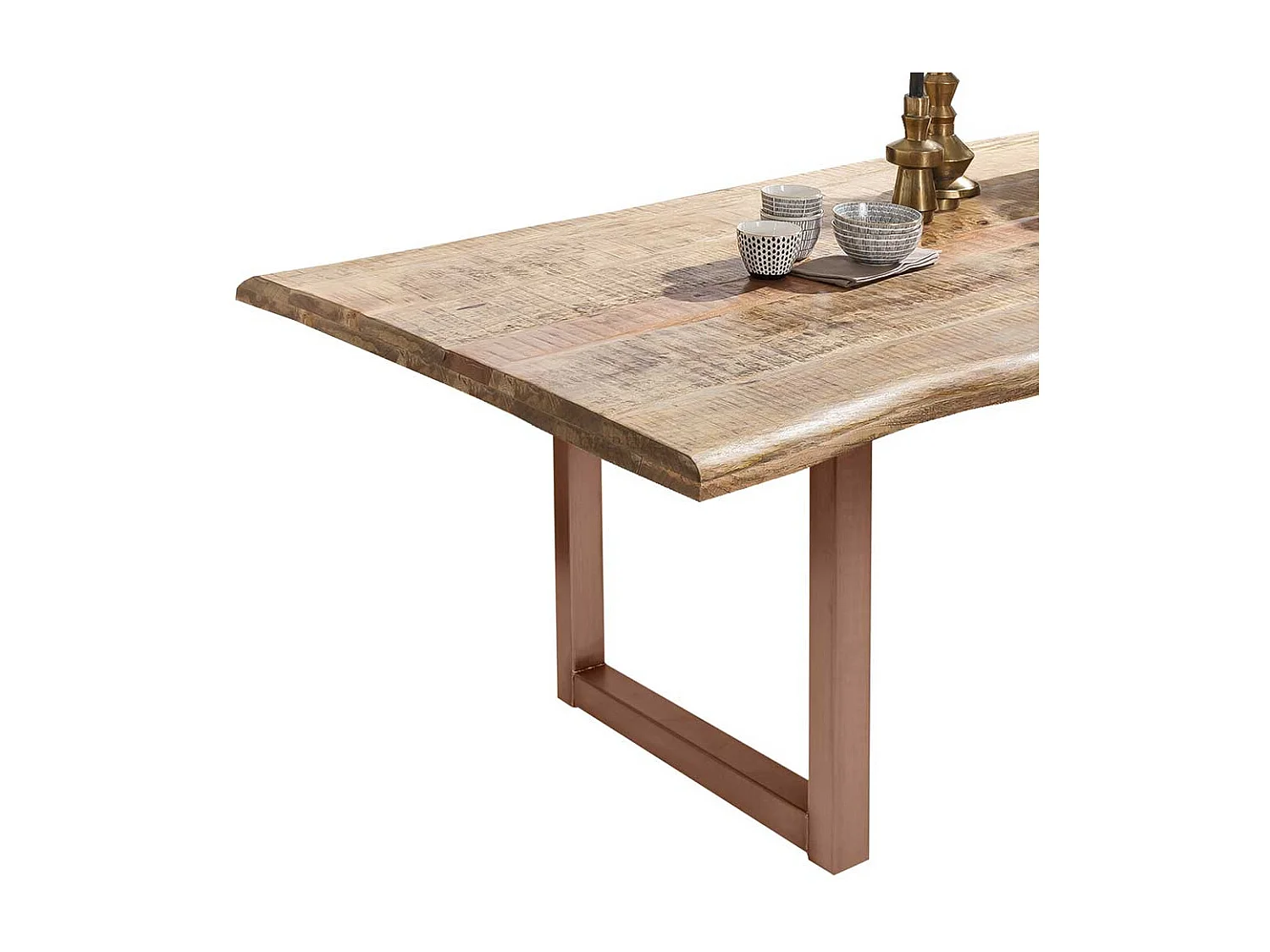 Baumkanten Esstisch aus Mangobaum Massivholz Bügelgestell in Braun