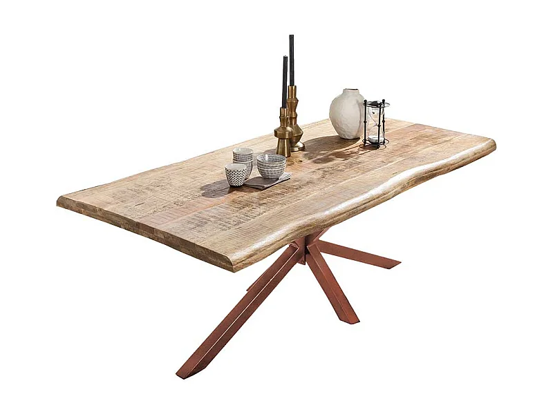 Esszimmertisch aus Mangobaum Massivholz und Eisen Baumkante