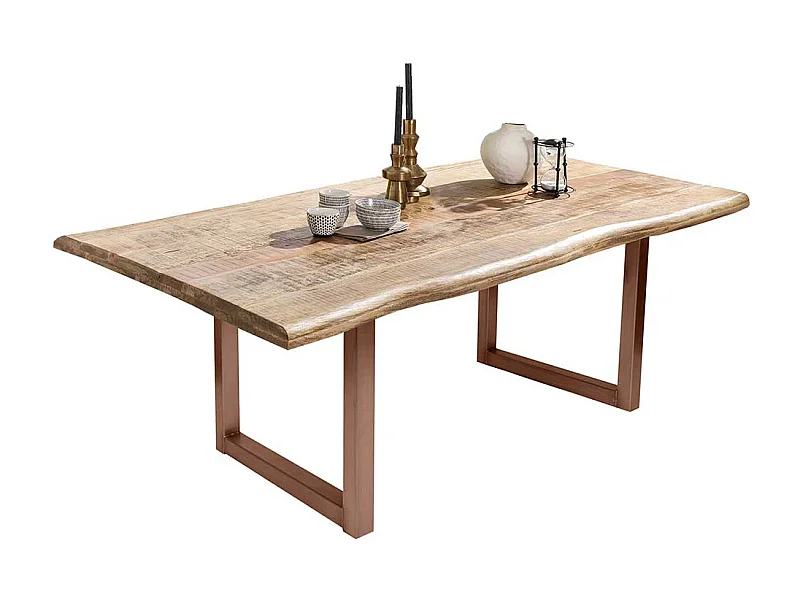 Baumkanten Esstisch aus Mangobaum Massivholz Bügelgestell in Braun