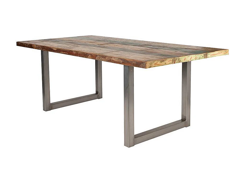 Esszimmertisch aus Recyclingholz Bunt Braun Stahl