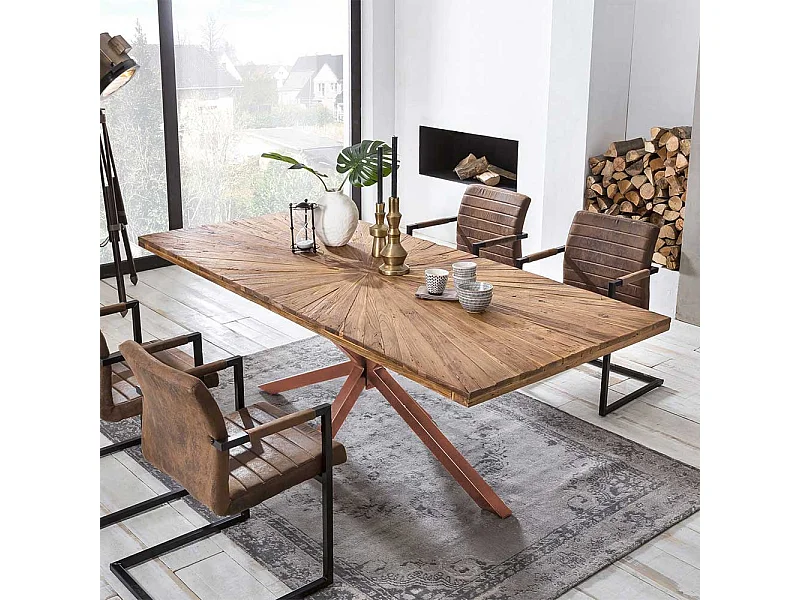 Recyclingholz Esstisch aus Teak massiv lackiert Spider Gestell