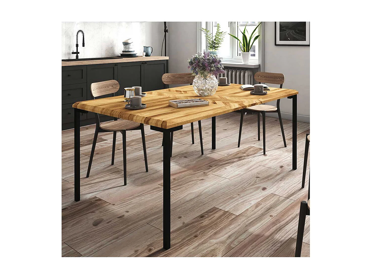 Hochwertiger Esstisch aus Wildeiche Massivholz und Stahl Skandi Design