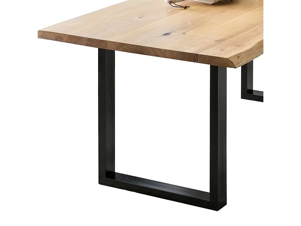 Baumkanten Küchentisch aus Eiche Massivholz Bügelgestell aus Metall