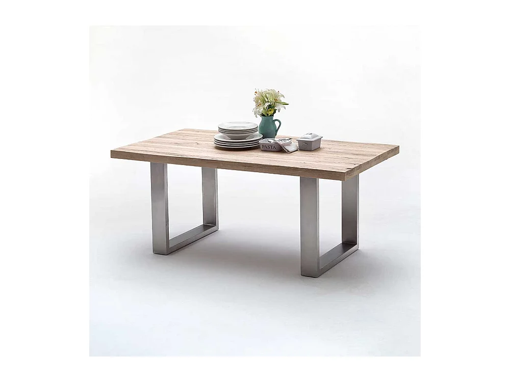 Küchentisch aus Zerreiche massiv gekälkt Edelstahl Bügelgestell