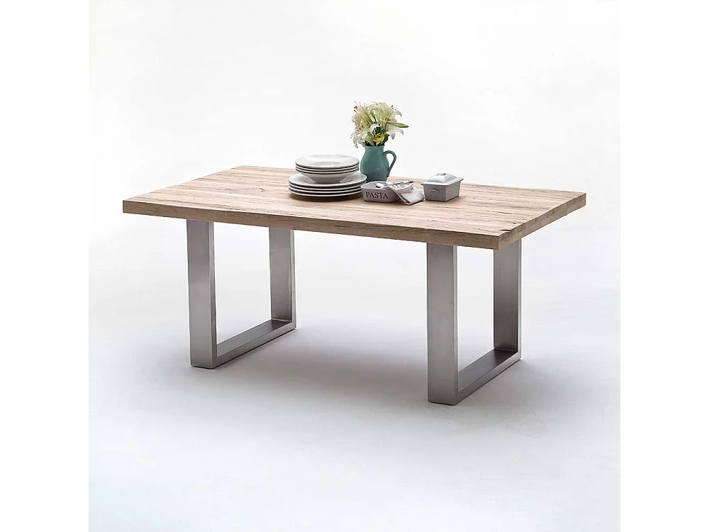 Küchentisch aus Zerreiche massiv gekälkt Edelstahl Bügelgestell