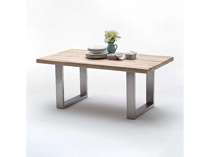 Küchentisch aus Zerreiche massiv gekälkt Edelstahl Bügelgestell