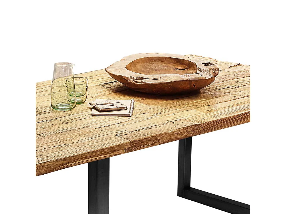 Design Esszimmertisch aus Teak Recyclingholz und Stahl 100 cm tief
