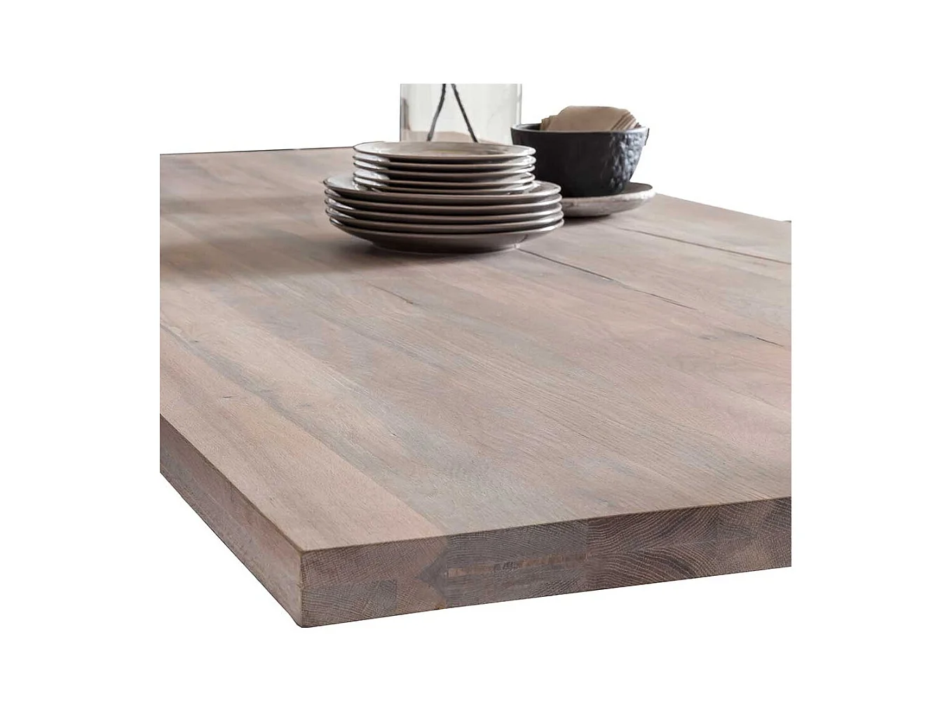 Tisch Massivholz Wildeiche in Holz gekälkt und Schwarz X Füßen