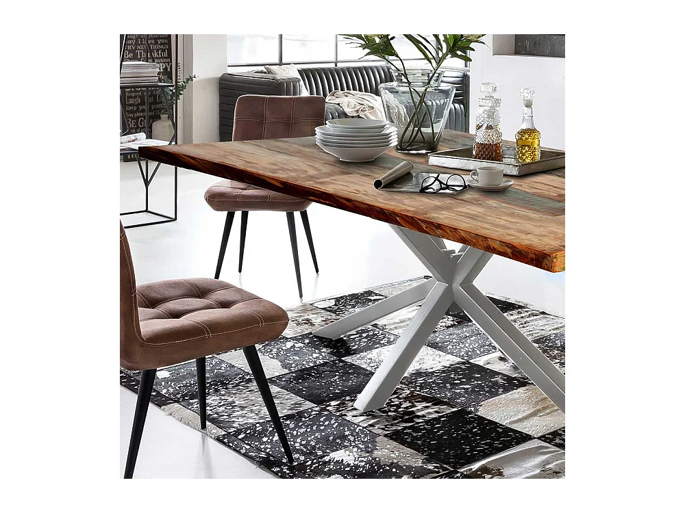 Design Esstisch in Bunt und Altsilberfarben Recyclingholz und Metall