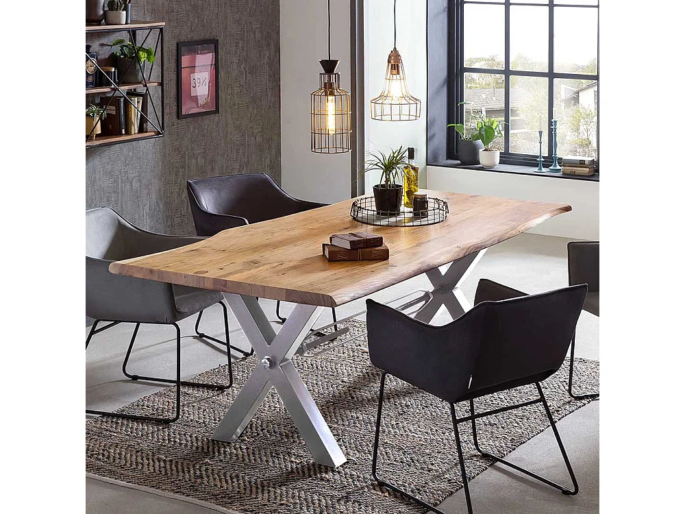 Baumkanten Esszimmertisch in Akaziefarben und Weiß X Fußgestell