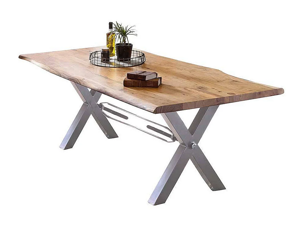 Baumkanten Esszimmertisch in Akaziefarben und Weiß X Fußgestell