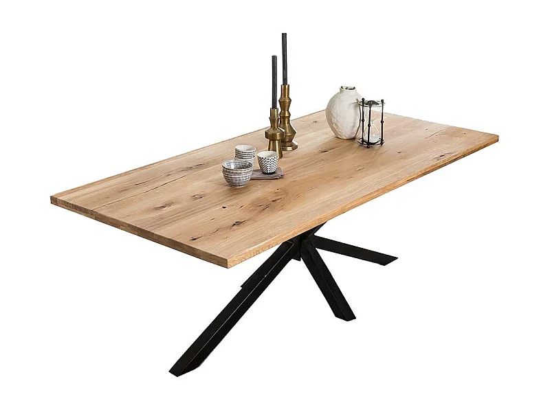 Esszimmertisch aus Wildeiche Massivholz und Eisen Spider Gestell