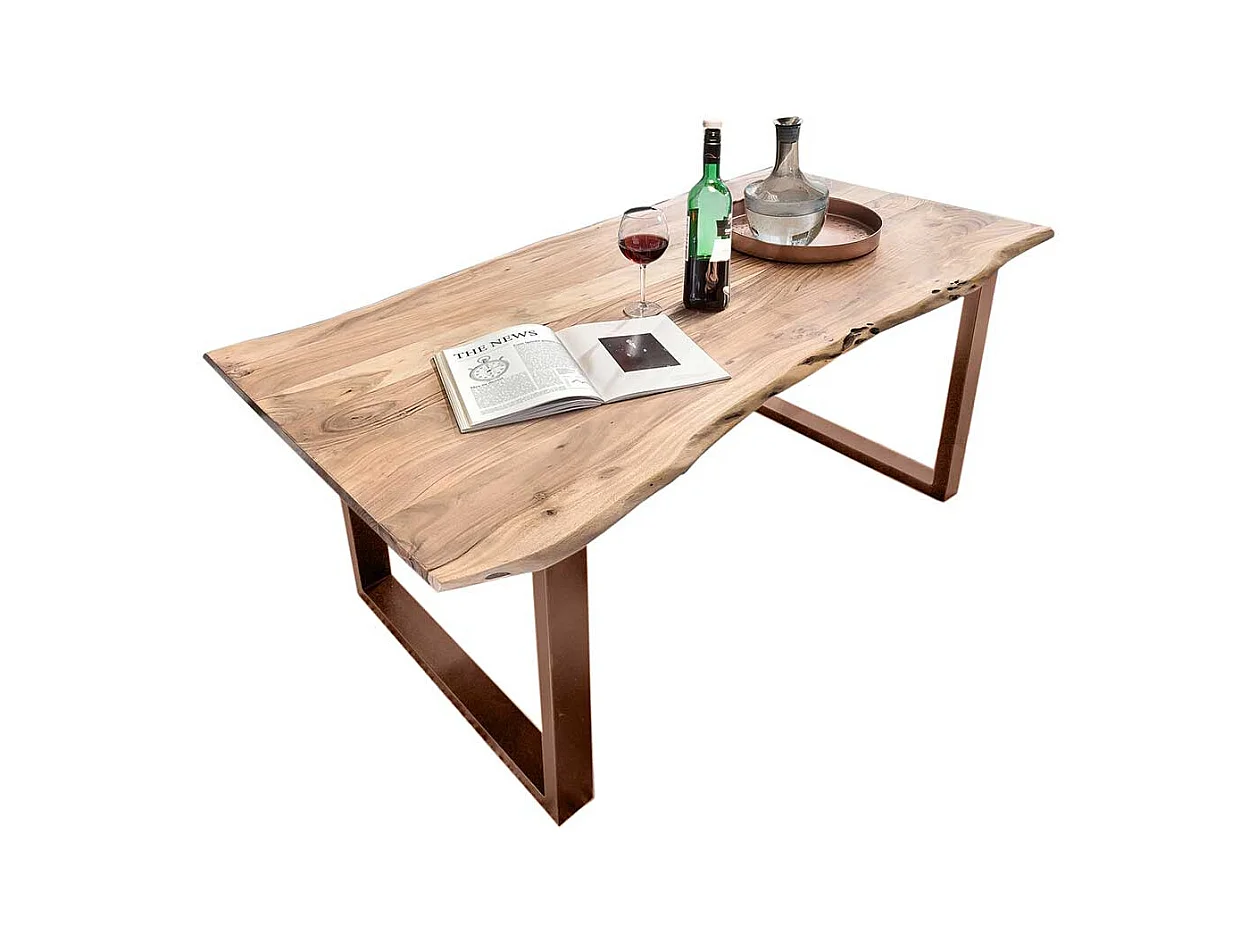 Echtholztisch aus Akazie Massivholz und Metall Bügelgestell
