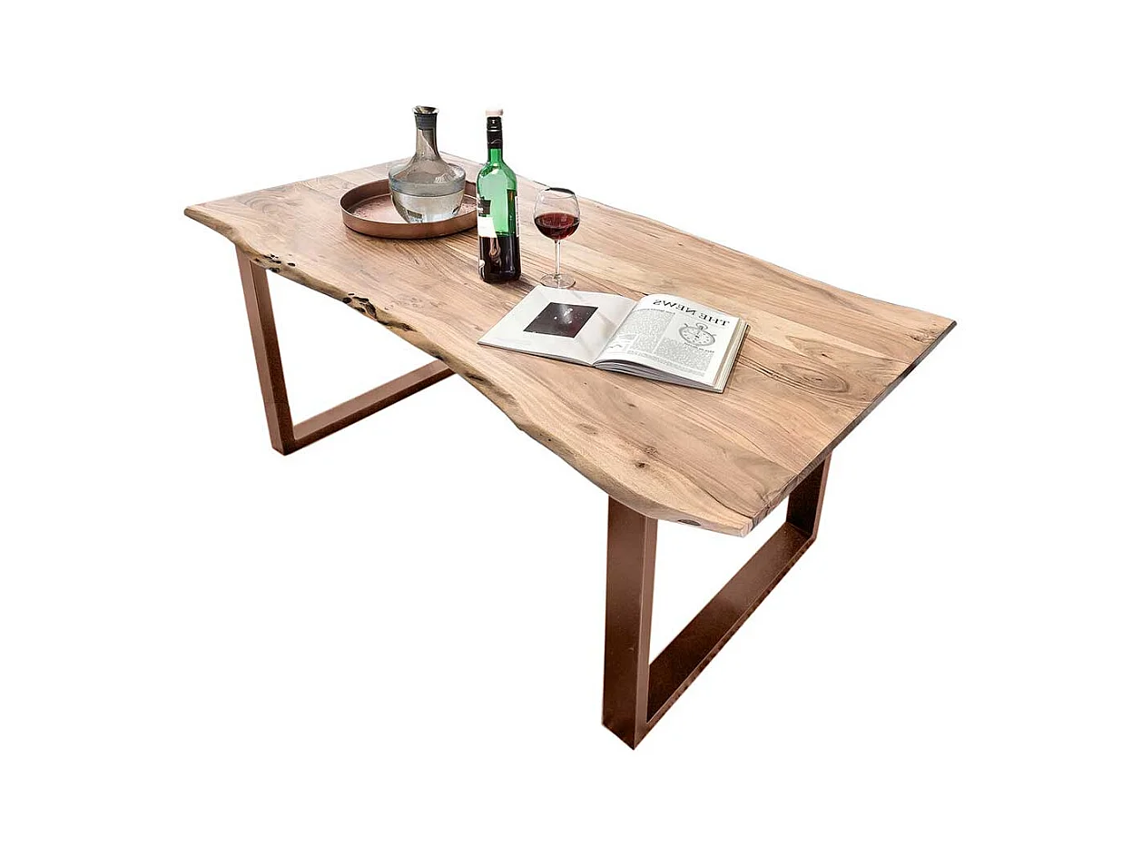 Echtholztisch aus Akazie Massivholz und Metall Bügelgestell