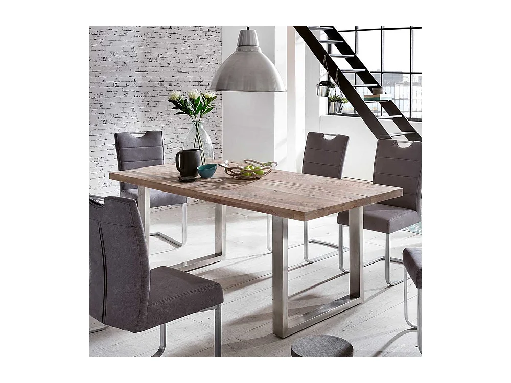 Industrial Esstisch Wildeiche weiß gekälkt Edelstahl Bügelgestell