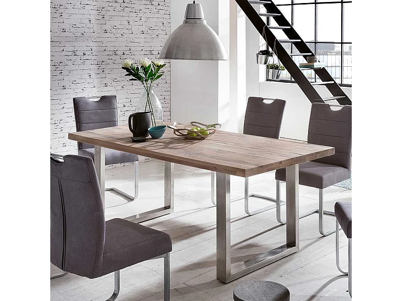 Industrial Esstisch Wildeiche weiß gekälkt Edelstahl Bügelgestell