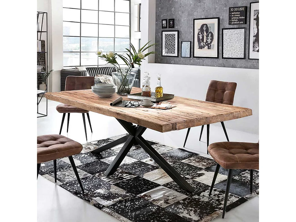 Tisch Esszimmer in Schwarz und Teakfarben Massivholzplatte