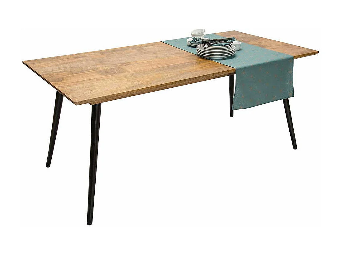 Esszimmer Tisch aus Mangobaum Massivholz und Metall Retro Design