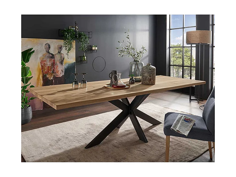 Esstisch aus Wildeiche Massivholz und Stahl Spider Gestell