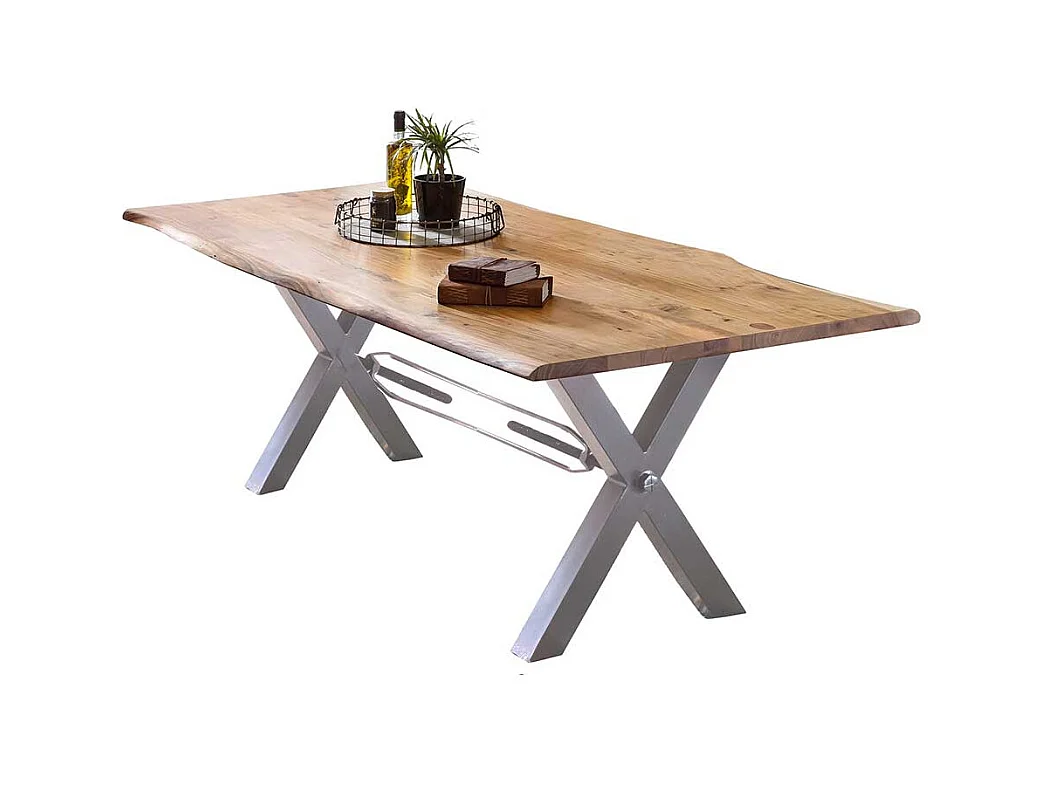 Esszimmertisch mit Baumkante in Akaziefarben und Weiß Metall Gestell