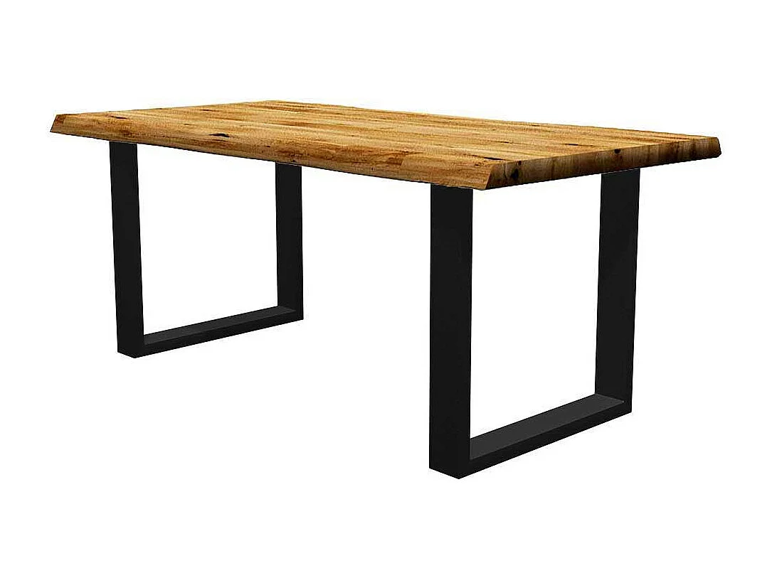 Tisch mit Baumkante und Bügelgestell Eiche Massivholz und Metall