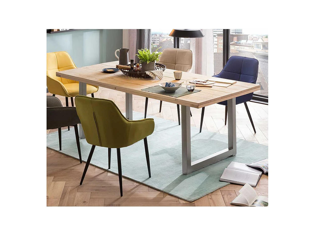 Gerüstholz Tisch mit Metall Bügelgestell Antiksilber modernem Design